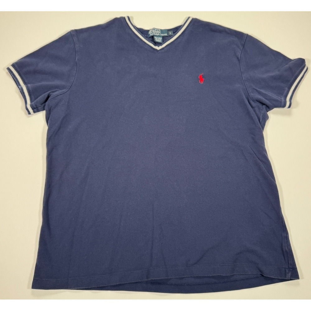 Polo Ralph Lauren Mens L Navy Blue V Neck T Shirt Striped Trim Cotton Pony Logo